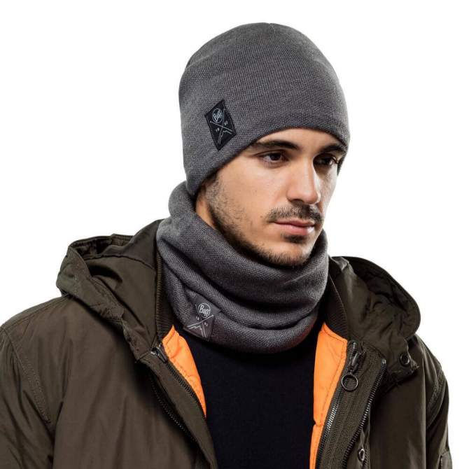Buff Knitted & Fleece Band Hat, Solid Grey
